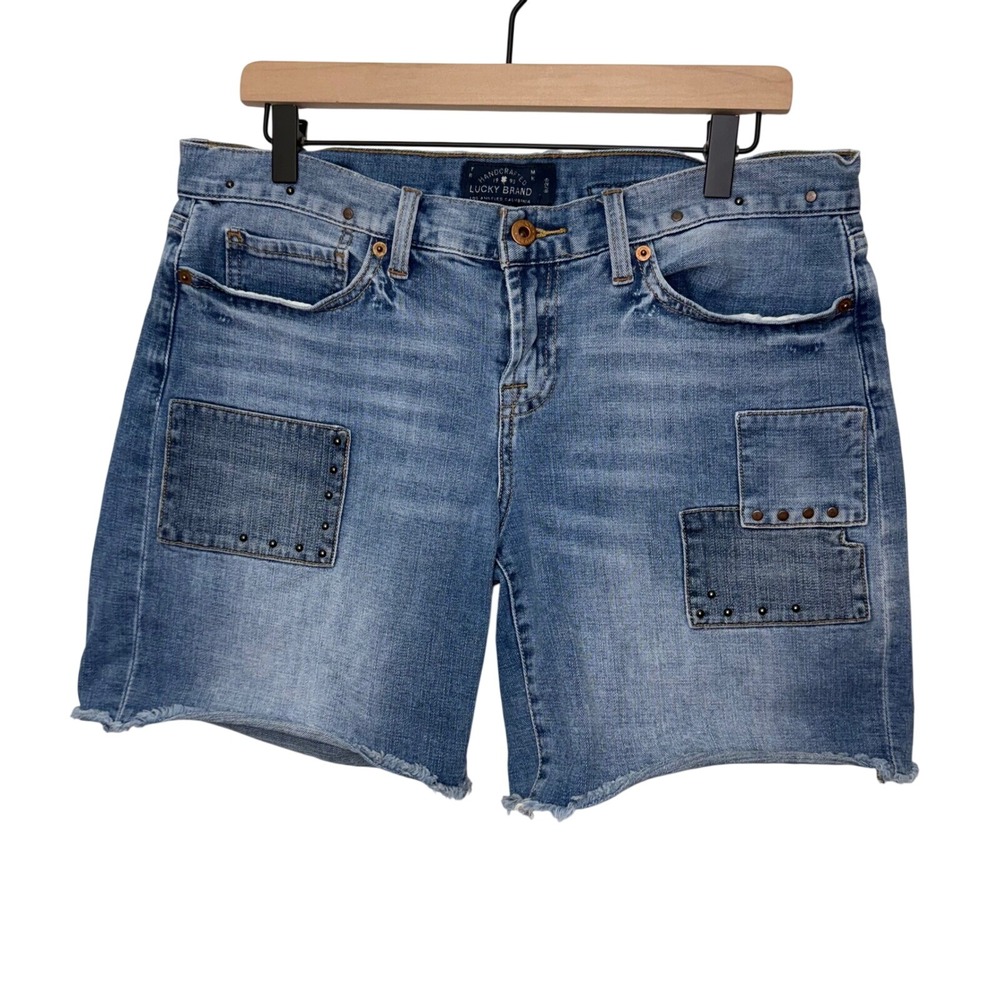 Lucky Brand Women's Laguna Denim Shorts Patched Studded Raw Hem Casual Blue 8/29